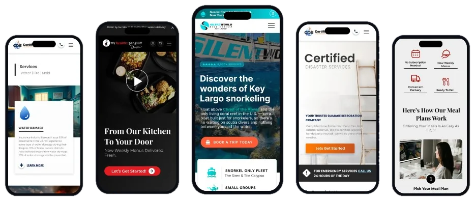 Five Partner sites we built, each shown on a phone